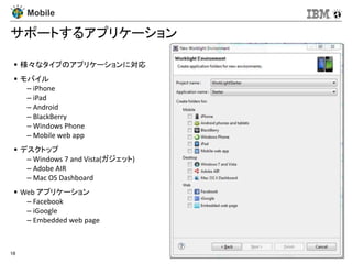 Mobile

サポートするアプリケーション

  様々なタイプのアプリケーションに対応
  モバイル
    – iPhone
    – iPad
    – Android
    – BlackBerry
    – Windows Phone
    – Mobile web app
  デスクトップ
    – Windows 7 and Vista(ガジェット)
    – Adobe AIR
    – Mac OS Dashboard
  Web アプリケーション
    – Facebook
    – iGoogle
    – Embedded web page



18                                 © 2012 IBM Corporation
 