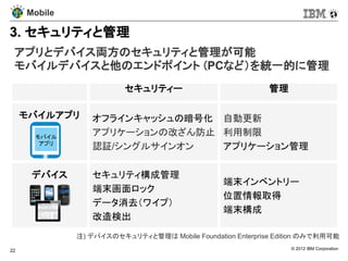 Mobile

3. セキュリティと管理
 アプリとデバイス両方のセキュリティと管理が可能
 モバイルデバイスと他のエンドポイント (PCなど）を統一的に管理
                         セキュリティー                            管理

     モバイルアプリ     オフラインキャッシュの暗号化 自動更新
      モバイル
                 アプリケーションの改ざん防止 利用制限
       アプリ
                 認証/シングルサインオン   アプリケーション管理

      デバイス       セキュリティ構成管理
                                                 端末インベントリー
                 端末画面ロック
                                                 位置情報取得
                 データ消去（ワイプ）
                                                 端末構成
                 改造検出
              注) デバイスのセキュリティと管理は Mobile Foundation Enterprise Edition のみで利用可能

22                                                               © 2012 IBM Corporation
 