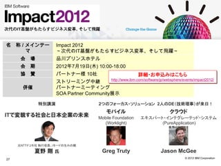 Mobile




名    称 / メインテー       Impact 2012
         マ           ～次代のIT基盤がもたらすビジネス変革、そして飛躍～
      会 場            品川プリンスホテル
      会 期            2012年7月19日(木) 10:00-18:00
      協 賛            パートナー様 10社                          詳細・お申込みはこちら
                     ストリーミング中継            http://www.ibm.com/software/jp/websphere/events/impact2012/

       併催            パートナーミーティング
                     SOA Partner Community展示

              特別講演                  2つのフォーカス・ソリューション 2人のDE（技術理事）が来日！
                                       モバイル                                クラウド
ITで変貌する社会と日本企業の未来                   Mobile Foundation     エキスパート・インテグレーテッド・システム
                                       (Worklight)              (PureApplication)




     元NTTドコモ社 執行役員、iモードの生みの親

              夏野 剛   氏               Greg Truty                       Jason McGee
27                                                                                  © 2012 IBM Corporation
 