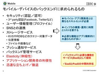 Mobile

モバイル・デバイスのバックエンドに求められるもの
• セキュリティ（認証／認可）
                                        モバイル・アプリ開発者とは
    • 3rd party認証(Facebook、Twitterなど)
                                        異なるスキルセットが必要
• ユーザー情報管理（プロファイル）
• SNSとの連携                               インフラの構築・運用に時間
                                        とコストを要する
• ストレージサービス
    • KVSやRDBなどのクエリー対象データ               必要な機能はアプリ横断的に
    • 位置情報                              共通なものが多い
    • ファイルや画像など
•   プッシュ通知サービス
•   バックエンド管理サービス
                                        バックエンドに必要な機能を
•   Elasticity（伸縮性）                     サービス(BaaS)として提供
•   アプリケーション開発者の利便性
                                        SaaSとPaaSの中間的存在
•   迅速な立ち上げ／撤退
6                                                 © 2012 IBM Corporation
 