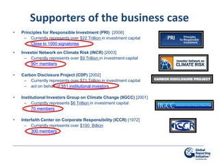 Supporters of the business case
•   Principles for Responsible Investment (PRI) [2006]
     – Currently represents over $22 Trillion in investment capital
     – Close to 1000 signatories

•   Investor Network on Climate Risk (INCR) [2003]
      – Currently represents over $9 Trillion in investment capital
      – 90+ members

•   Carbon Disclosure Project (CDP) [2002]
     – Currently represents over $71 Trillion in investment capital
     – act on behalf of 551 institutional investors

•   Institutional Investors Group on Climate Change (IIGCC) [2001]
      – Currently represents $6 Trillion in investment capital
      – 70 members

•   Interfaith Center on Corporate Responsibility (ICCR) [1972]
      – Currently represents over $100 Billion
      – 300 members
 