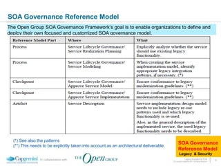 SOA Governance Reference Model
The Open Group SOA Governance Framework’s goal is to enable organizations to define and
deploy their own focused and customized SOA governance model.
.




    (*) See also the patterns
                                                                                                 SOA Governance
    (**) This needs to be explicitly taken into account as an architectural deliverable.
                                                                                                 Reference Model
                                                                                                  Legacy & Security
                  In collaboration with                                                                  Legacy Evolution to SOA            15
                                                                                           © Copyright Capgemini 2011 All Rights Reserved
 