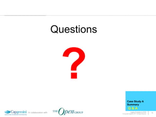 Questions



                         ?
                                            Case Study A
                                            Summary
                                              Q&A
In collaboration with                             Legacy Evolution to SOA            19
                                    © Copyright Capgemini 2011 All Rights Reserved
 