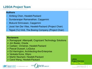 L2SOA Project Team
 Authors
  Xinfeng Chen, Hewlett-Packard
  Sundararajan Ramanathan, Capgemini
  Mukund Srinivasan, Capgemini
  Joost Van Der Vlies, Hewlett-Packard (Project Chair)
  Tejpal (TJ) Virdi, The Boeing Company (Project Chair)


  Reviewers
   Ramagopal Allampalli, Cognizant Technology Solutions
   Jim Basler, Oracle
   Carleen Christner, Hewlett-Packard
   Pascal Dussart, LoQutus
   Ed Harrington, Architecting-the-Enterprise
   Venkata Kona, Wipro
   Martin Neuhard, Hewlett-Packard
   Carol Wang, Hewlett-Packard                            L2SOA
                                                           Project Overview
                                                           Project Team
           In collaboration with                                         Legacy Evolution to SOA            5
                                                           © Copyright Capgemini 2011 All Rights Reserved
 