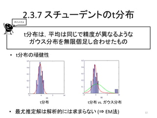 2.3.7 スチューデントのt分布
 ポイントだよ




      t分布は，平均は同じで精度が異なるような
        ガウス分布を無限個足し合わせたもの

• t分布の頑健性




          t分布     t分布 vs. ガウス分布

• 最尤推定解は解析的には求まらない (⇒ EM法)        12
 