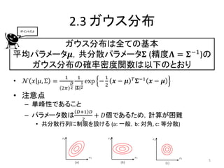 ポイントだよ
                        2.3 ガウス分布
       ガウス分布は全ての基本
平均パラメータ𝝁，共分散パラメータ𝚺 (精度𝚲 = 𝚺 −1 )の
  ガウス分布の確率密度関数は以下のとおり
                    1       1             1          𝑇 𝚺 −1
•     𝒩 𝑥 𝜇, Σ =        𝐷       1 exp −       𝒙− 𝝁            𝒙− 𝝁
                                          2
                   2𝜋   2   𝚺2
• 注意点
     – 単峰性であること
                            𝐷+1 𝐷
     – パラメータ数は                      + 𝐷個であるため，計算が困難
                             2
             • 共分散行列に制限を設ける (a: 一般，b: 対角, c: 等分散)




                                                                     5
 