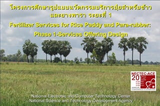 โครงการศึก ษารูป แบบนวัต กรรมบริก ารปุ๋ย สำา หรับ ข้า ว
             และยางพารา ระยะที่ 1
Fertilizer Services for Rice Paddy and Para-rubber:
         Phase 1-Services Offering Design




        National Electronic and Computer Technology Center
       National Science and Technology Development Agency
 