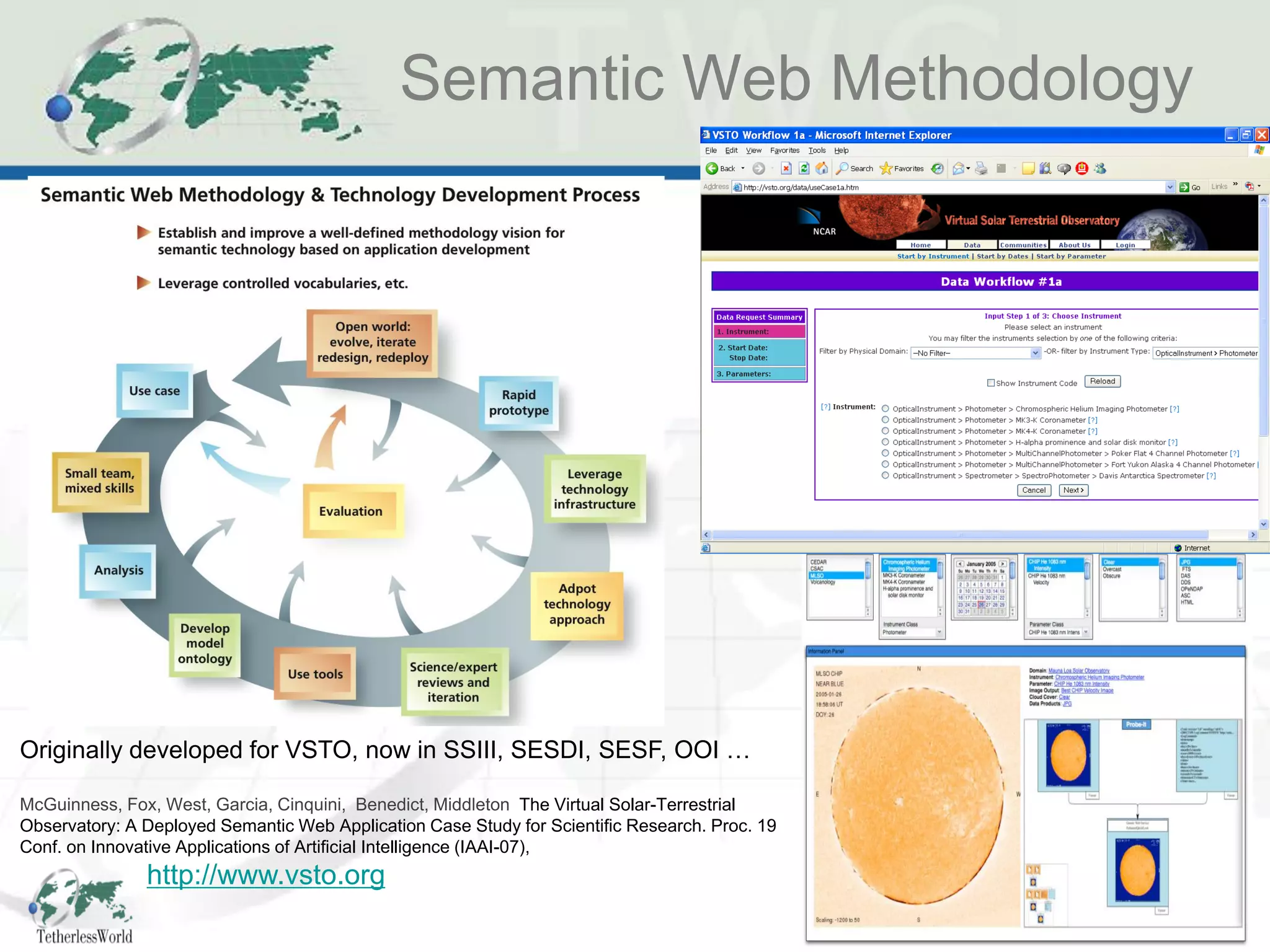 Originally developed for VSTO, now in SSIII, SESDI, SESF, OOI …

                                                                    The Virtual Solar-Terrestrial
Observatory: A Deployed Semantic Web Application Case Study for Scientific Research. Proc. 19
Conf. on Innovative Applications of Artificial Intelligence (IAAI-07),
                http://www.vsto.org
 