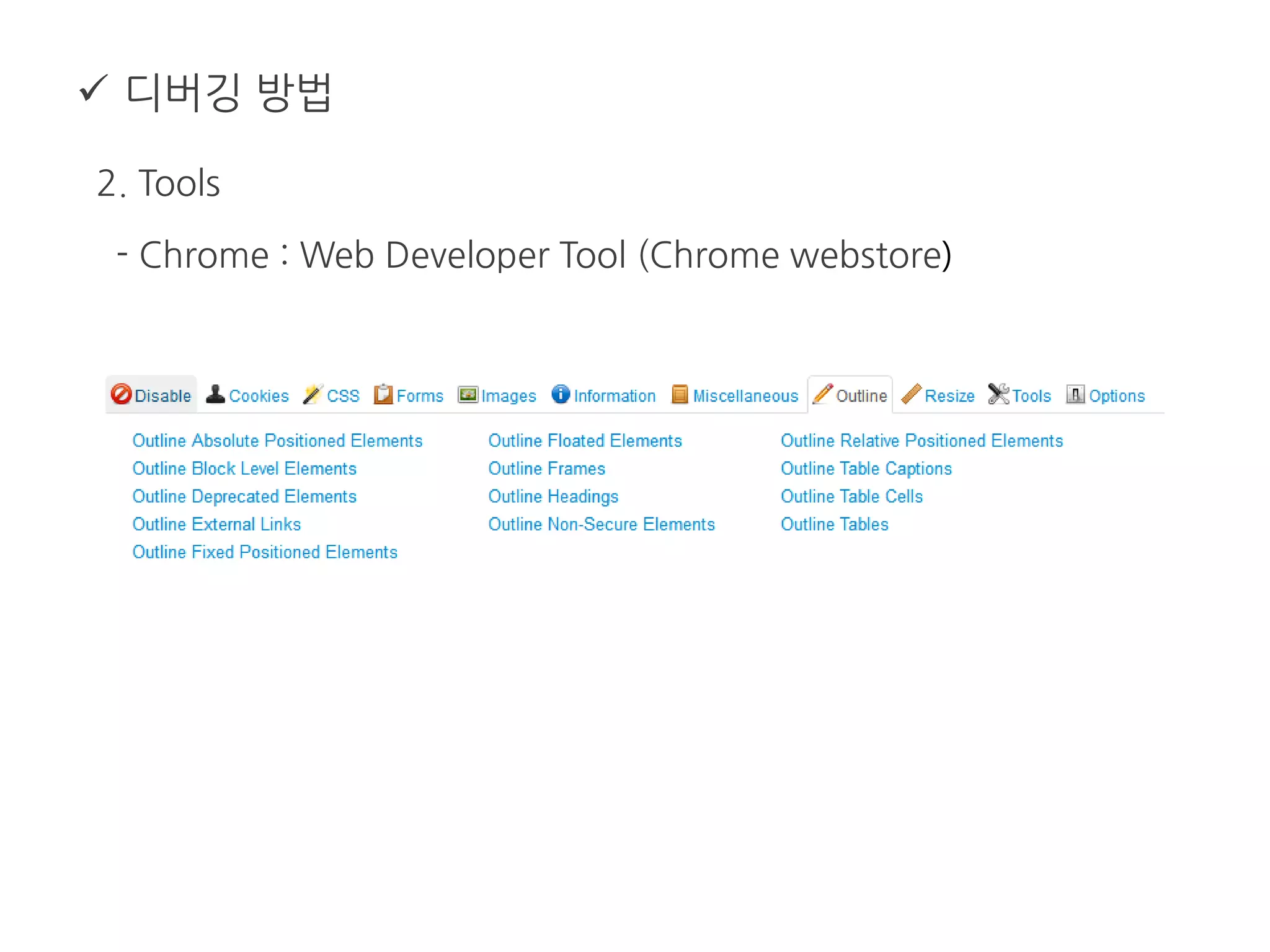  디버깅 방법
2. Tools
- Chrome : Web Developer Tool (Chrome webstore)
 