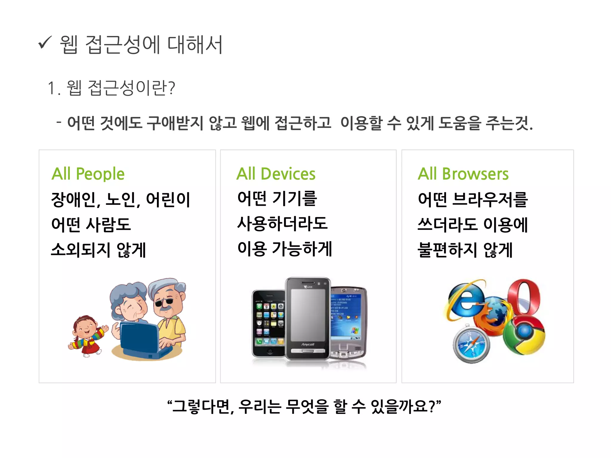  웹 접근성에 대해서
1. 웹 접근성이란?
- 어떤 것에도 구애받지 않고 웹에 접근하고 이용할 수 있게 도움을 주는것.
어떤 기기를
사용하더라도
이용 가능하게
어떤 브라우저를
쓰더라도 이용에
불편하지 않게
장애인, 노인, 어린이
어떤 사람도
소외되지 않게
“그렇다면, 우리는 무엇을 할 수 있을까요?”
All People All Devices All Browsers
 