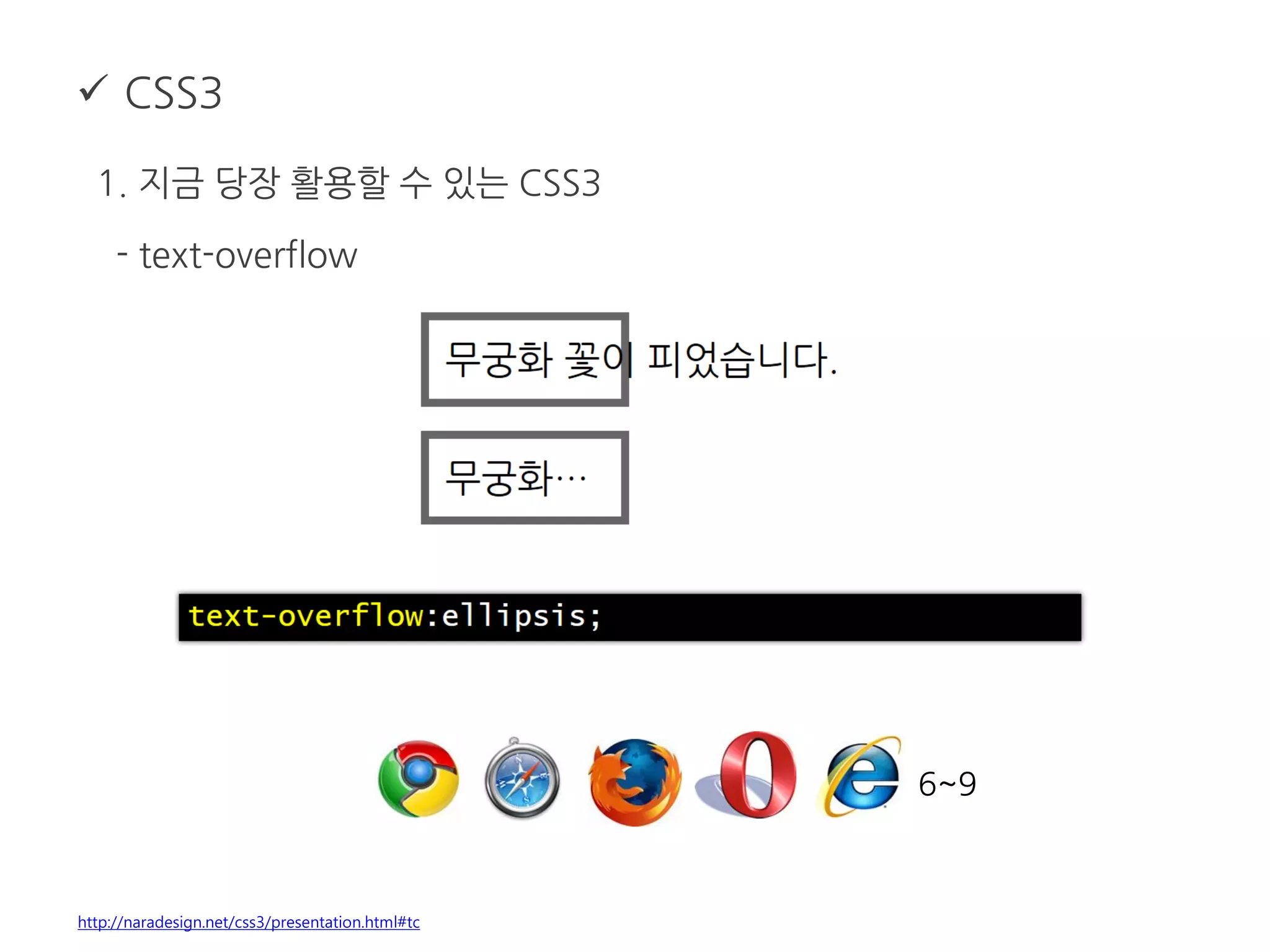  CSS3
1. 지금 당장 활용할 수 있는 CSS3
- text-overflow
http://naradesign.net/css3/presentation.html#tc
6~9
 
