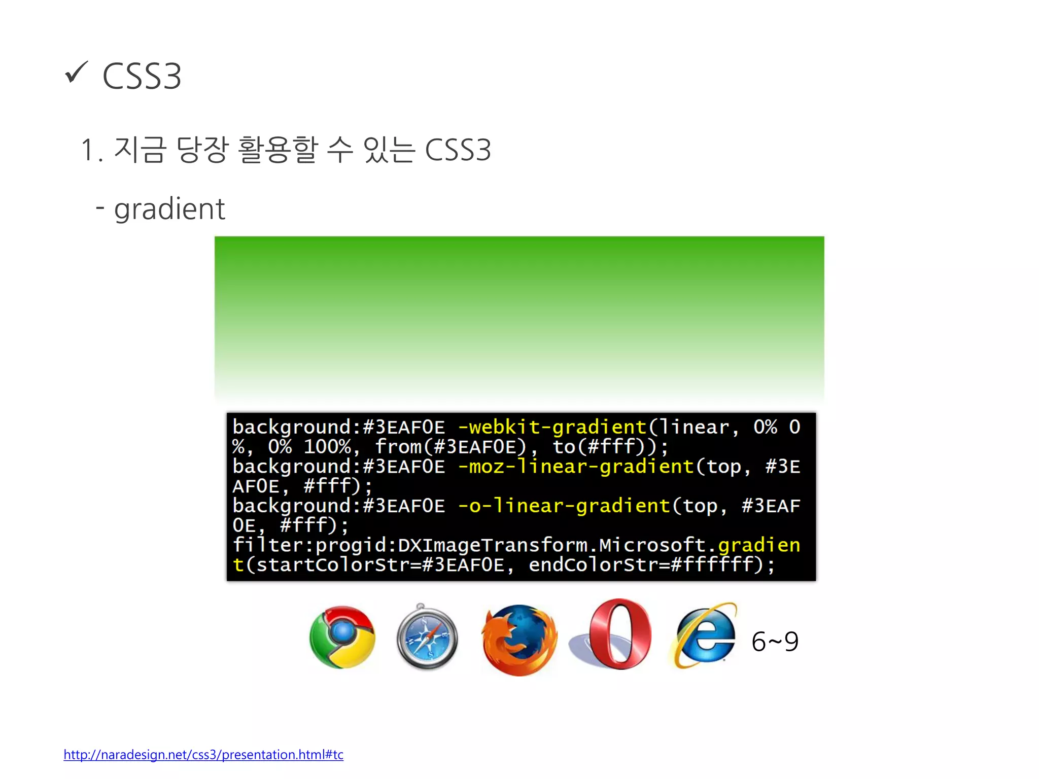  CSS3
1. 지금 당장 활용할 수 있는 CSS3
- gradient
http://naradesign.net/css3/presentation.html#tc
6~9
 