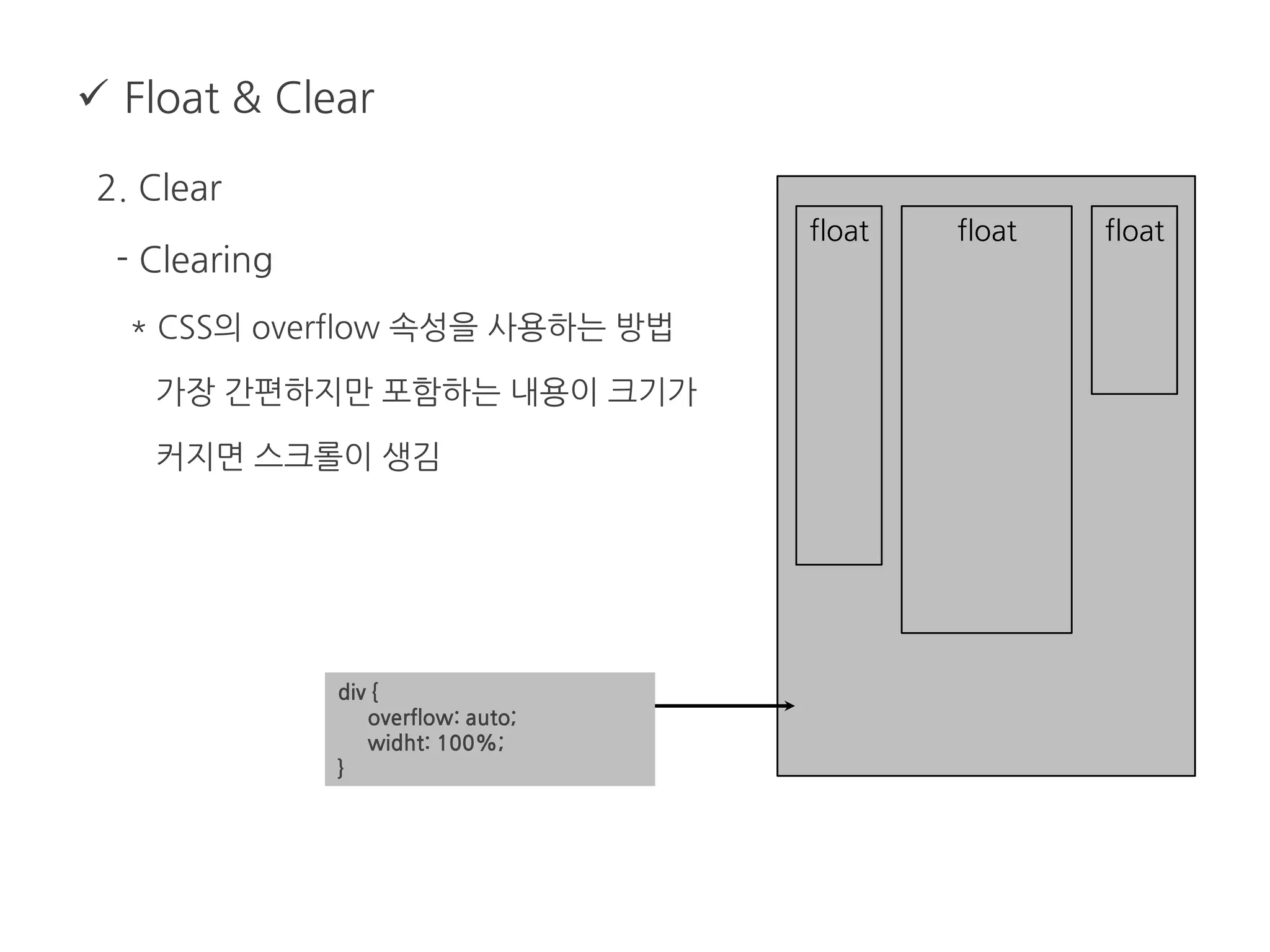 Float & Clear
2. Clear
- Clearing
* CSS의 overflow 속성을 사용하는 방법
가장 간편하지만 포함하는 내용이 크기가
커지면 스크롤이 생김
float float float
div {
overflow: auto;
widht: 100%;
}
 