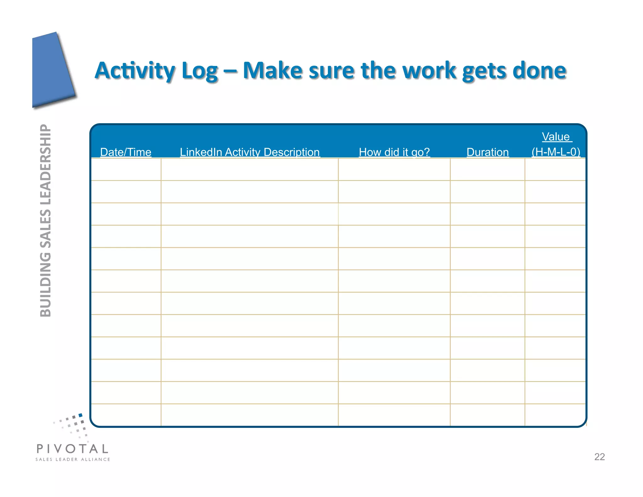 BUILDING	
  SALES	
  LEADERSHIP	
  




                                                                                                                Value
                                      Date/Time   LinkedIn Activity Description   How did it go?   Duration   (H-M-L-0)




                                                                                                                          22
 
