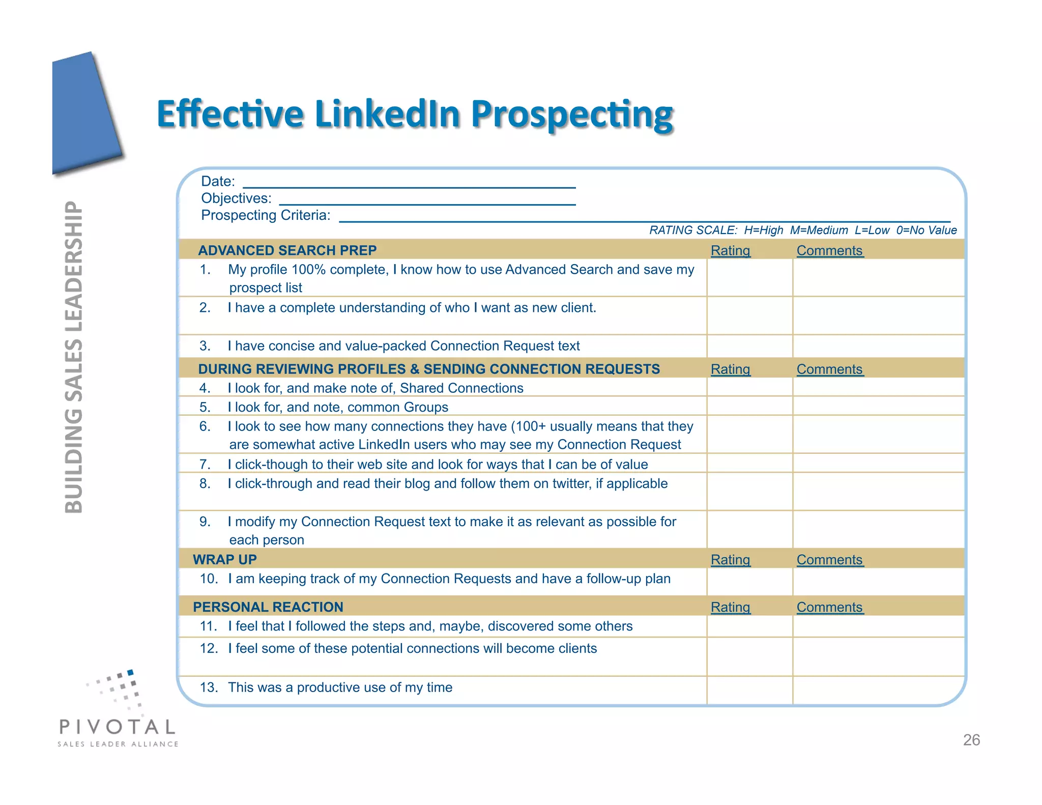 Date:
                                       Objectives:
BUILDING	
  SALES	
  LEADERSHIP	
  




                                       Prospecting Criteria:
                                                                                                                 RATING SCALE: H=High M=Medium L=Low 0=No Value
                                      ADVANCED SEARCH PREP                                                                Rating       Comments
                                      1.  My profile 100% complete, I know how to use Advanced Search and save my
                                          prospect list
                                      2. I have a complete understanding of who I want as new client.

                                       3.   I have concise and value-packed Connection Request text
                                      DURING REVIEWING PROFILES & SENDING CONNECTION REQUESTS                             Rating       Comments
                                      4. I look for, and make note of, Shared Connections
                                      5. I look for, and note, common Groups
                                      6. I look to see how many connections they have (100+ usually means that they
                                         are somewhat active LinkedIn users who may see my Connection Request
                                      7. I click-though to their web site and look for ways that I can be of value
                                      8. I click-through and read their blog and follow them on twitter, if applicable

                                       9.  I modify my Connection Request text to make it as relevant as possible for
                                           each person
                                      WRAP UP                                                                             Rating       Comments
                                       10. I am keeping track of my Connection Requests and have a follow-up plan

                                      PERSONAL REACTION                                                                   Rating       Comments
                                       11. I feel that I followed the steps and, maybe, discovered some others
                                       12. I feel some of these potential connections will become clients

                                       13. This was a productive use of my time


                                                                                                                                                                  26
 
