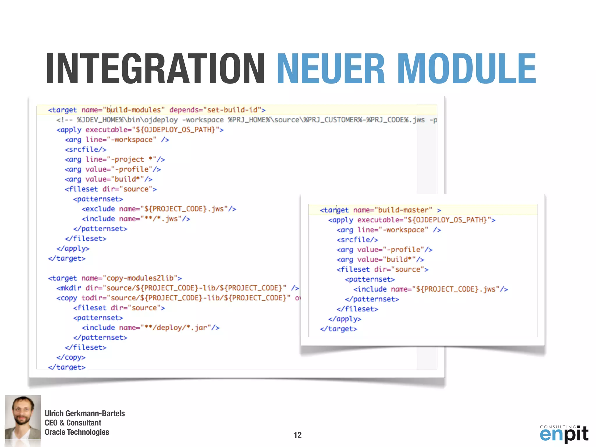 INTEGRATION NEUER MODULE




Ulrich Gerkmann-Bartels
CEO & Consultant
Oracle Technologies
 Andreas Koop             12
 