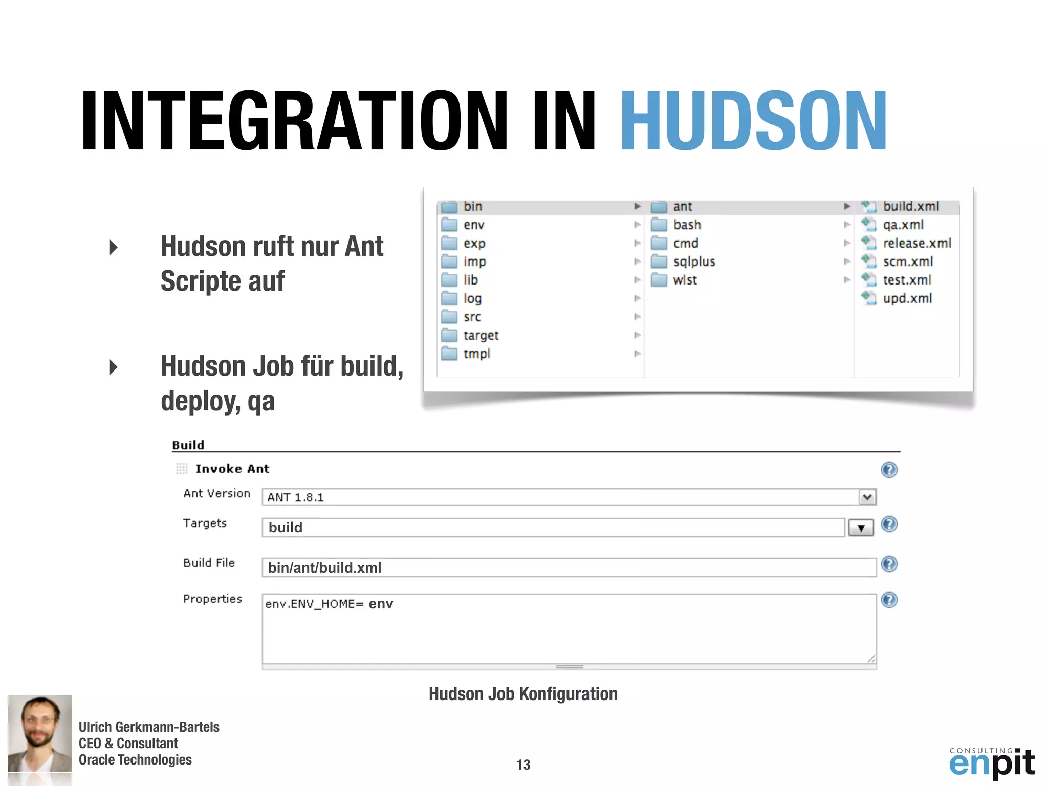 INTEGRATION IN HUDSON
    ‣        Hudson ruft nur Ant
             Scripte auf

    ‣        Hudson Job für build,
             deploy, qa



                          build

                          bin/ant/build.xml

                                         env




                                               Hudson Job Konﬁguration
Ulrich Gerkmann-Bartels
CEO & Consultant
Oracle Technologies
 Andreas Koop                                            13
 