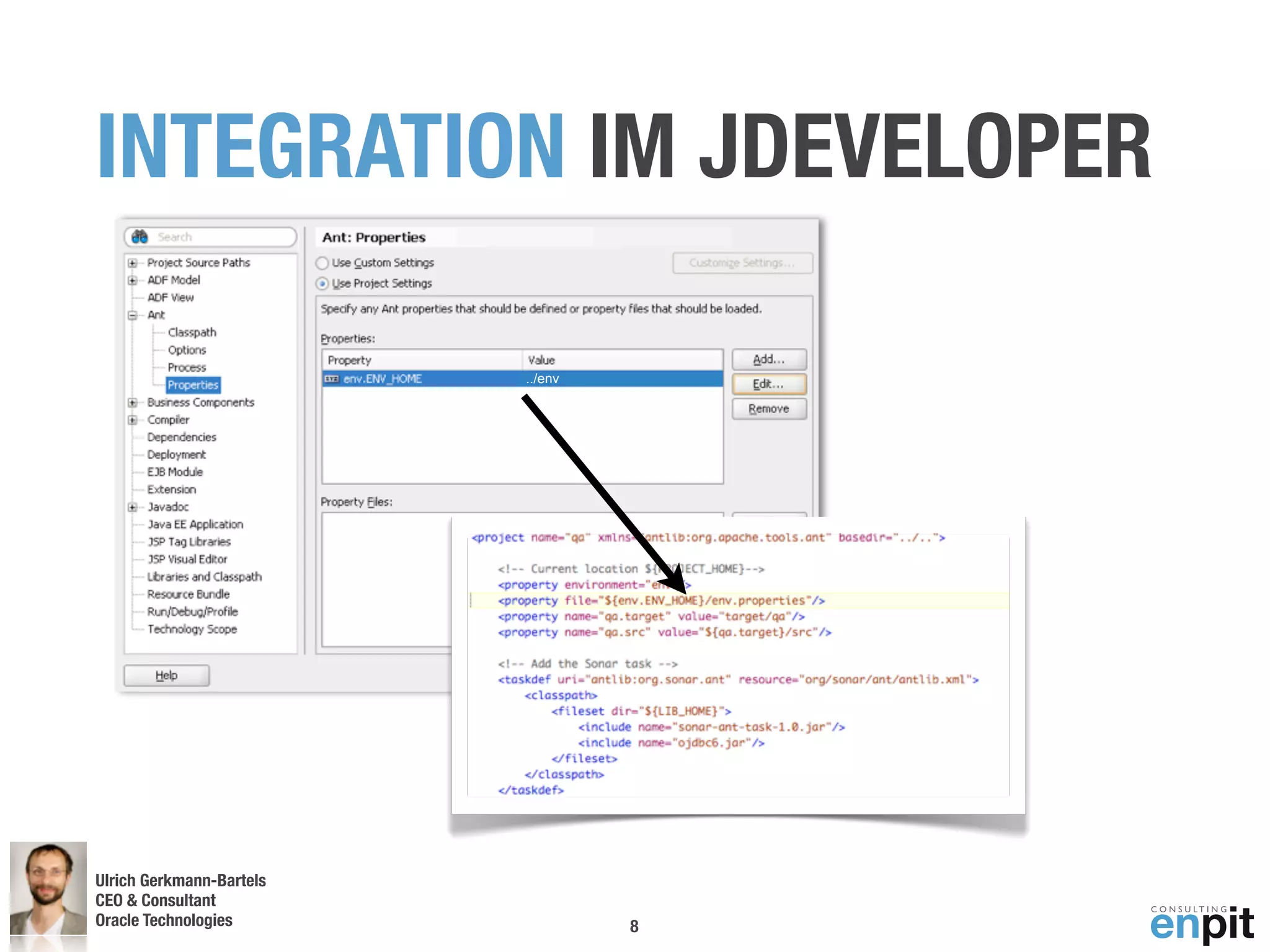 INTEGRATION IM JDEVELOPER

                          ../env




Ulrich Gerkmann-Bartels
CEO & Consultant
Oracle Technologies
 Andreas Koop                      8
 