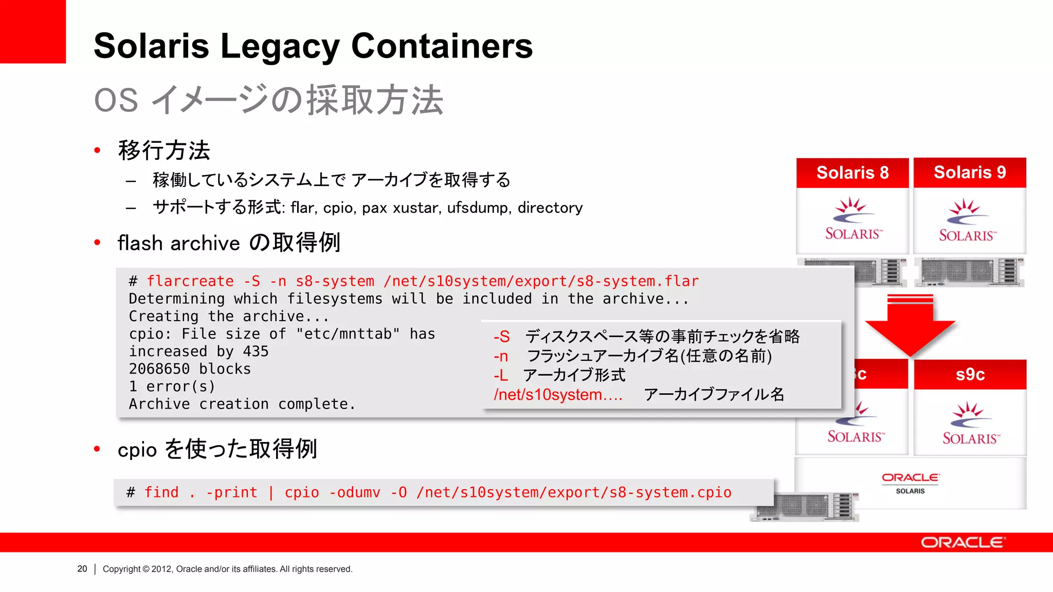 Solaris Legacy Containers
     OS イメージの採取方法
     • 移行方法
           – 稼働しているシステム上で アーカイブを取得する                                                Solaris 8   Solaris 9
           – サポートする形式: flar, cpio, pax xustar, ufsdump, directory

     • flash archive の取得例
            # flarcreate -S -n s8-system /net/s10system/export/s8-system.flar
            Determining which filesystems will be included in the archive...
            Creating the archive...
            cpio: File size of "etc/mnttab" has       -S ディスクスペース等の事前チェックを省略
            increased by 435                          -n フラッシュアーカイブ名(任意の名前)
            2068650 blocks                            -L アーカイブ形式                      s8c         s9c
            1 error(s)
                                                      /net/s10system…. アーカイブファイル名
            Archive creation complete.


     • cpio を使った取得例
           # find . -print | cpio -odumv -O /net/s10system/export/s8-system.cpio




20   Copyright © 2012, Oracle and/or its affiliates. All rights reserved.
 
