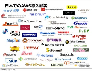 ⽇日本でのAWS導⼊入顧客




Monday, July 23, 12
 