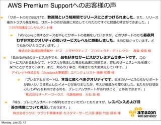 AWS Premium Supportへのお客様の声
    「サポートの⽅方のおかげで、数週間という短期間でリリースにこぎつけられました。また、リリース
    後のトラブル発⽣生時も、サポートの⽅方が迅速に対応してくれたのですぐに問題の特定ができました。」
     三井共同建設コンサルタント様

           「Windowsに関するケースを中⼼心にサポートの依頼をしていますが、どのサポートの⽅方も昼夜問
           わず⾮非常にクオリティの⾼高いサービスレベルに感動しました。本当に助かっています。ど
           うもありがとうございます。」
             株式会社電通国際情報サービス 　エグゼクティブ・プロジェクト・ディレクター    渥美  俊英  様

      「数あるAWSのサービスの中でも、最も好きなサービスがプレミアムサポートです。この
      サービスがあるおかげで、トラブルが発⽣生した場合も迅速に対処でき、弊社のサービスレベルを⾼高く
      保つことができています。また、対応の丁寧さ、的確さにも⼤大変満⾜足しています。」
       アイレット株式会社（cloudpack事業部）エバンジェリスト  後藤  和貴  様

                 「プレミアムサポートは、本当に驚くべきクオリティです。⽇日本のサービスの⽅方がサポート
                 が良良いという漠然としたイメージがありましたが、考えが根底から覆りました。私たちが⽇日頃安
                 ⼼心してAWSを利利⽤用できるのも、プレミアムサポートがあればこそ、と断⾔言できます。」
                  株式会社サーバーワークス 　代表取締役 　⼤大⽯石  良良  様

       「現在、プレミアムサポートの契約をさせていただいておりますが、レスポンスおよび回
       答の精度度について満⾜足しております。」
        株式会社ラクス    クラウド事業本部  カスタマーサービス部  課⻑⾧長  ⽵竹⽥田  昌男  様

Monday, July 23, 12
 