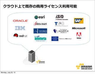 クラウド上で既存の商⽤用ライセンス利利⽤用可能




Monday, July 23, 12
 