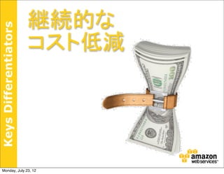 継続的な
Keys Differentiators


                       コスト低減




 Monday, July 23, 12
 