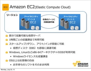 EC2      Amazon  EC2(Elastic  Compute  Cloud)
       リージョン
                      アベイラビリティ                アベイラビリティ
                        ゾーン  A   任意のゾーンに        ゾーン  B
                         EC2       1
                                  分散配置可能          EC2



           数分で起動可能な仮想サーバ
           1時間ごとの従量量課⾦金金で利利⽤用可能
           スケールアップ/ダウン、アウト/インが即座に可能
            § 仮想ディスク（EBS）も即座に調達可能
           Windows,  Linuxなどx86-‐‑‒64アーキテクチャのOSが利利⽤用可能
            § Windowsライセンスも従量量課⾦金金
           OS以上はお客様の⾃自由
            § お⼿手持ちのソフトをそのまま利利⽤用
Monday, July 23, 12
 