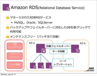 Amazon  RDS(Relational  Database  Service)

           マネージされたRDBMSサービス
             § MySQL、Oracle、SQLServer
           バックアップやフェイルオーバーに対応したDBを数クリックで
           利利⽤用可能
           メンテナンスフリー（パッチ当て⾃自動）

           ⾃自動         AZ-‐‑‒a                      AZ-‐‑‒b
         バックアップ                   ⾃自動フェイルオーバー

                                     データ同期
            スナップ
            ショット
                                            リード
          パッチ更更新                         レプリケーション



Monday, July 23, 12
 