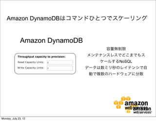 Amazon DynamoDBはコマンドひとつでスケーリング


              Amazon DynamoDB
                                     容量無制限
                                メンテナンスレスでどこまでもス
                                   ケールするNoSQL
                                データは数ミリ秒のレイテンシで自
                                 動で複数のハードウェアに分散




Monday, July 23, 12
 