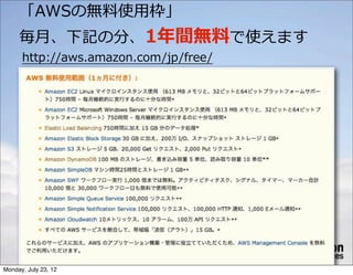 「AWSの無料料使⽤用枠」
     毎⽉月、下記の分、1年年間無料料で使えます
      http://aws.amazon.com/jp/free/




Monday, July 23, 12
 