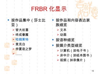 FRBR 化显示
 按作品集中（莎士比    按作品和内容表达家
  亚）            族细览
  皆大欢喜         文本
  终成眷属         动画
  哈姆莱特        按语种细览
  麦克白
               按媒介类型细览
  仲夏夜之梦
                计算机（如电子书）
  ……
                非中介（如纸本图书）
                视频（如录像片）


                             13
 