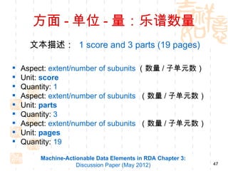方面 - 单位 - 量：乐谱数量
      文本描述： 1 score and 3 parts (19 pages)

   Aspect: extent/number of subunits （数量 / 子单元数）
   Unit: score
   Quantity: 1
   Aspect: extent/number of subunits （数量 / 子单元数）
   Unit: parts
   Quantity: 3
   Aspect: extent/number of subunits （数量 / 子单元数）
   Unit: pages
   Quantity: 19

        Machine-Actionable Data Elements in RDA Chapter 3:
                    Discussion Paper (May 2012)              47
 