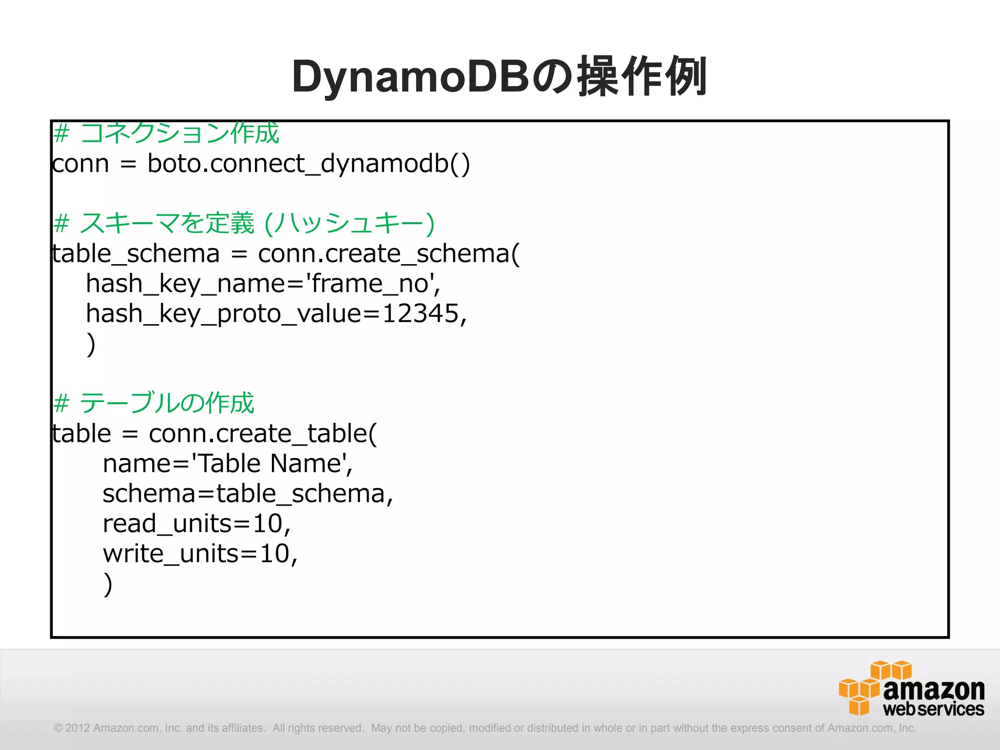 DynamoDBの操作例
# コネクション作成
conn = boto.connect_dynamodb()

# スキーマを定義 (ハッシュキー)
table_schema = conn.create_schema(
   hash_key_name='frame_no',
   hash_key_proto_value=12345,
   )

# テーブルの作成
table = conn.create_table(
    name='Table Name',
    schema=table_schema,
    read_units=10,
    write_units=10,
    )




© 2012 Amazon.com, Inc. and its affiliates. All All rights reserved. May not be copied, modified distributed in whole or in part without thethe express consent Amazon.com, Inc.
  © 2012 Amazon.com, Inc. and its affiliates. rights reserved. May not be copied, modified or or distributed in whole or in part without express consent of of Amazon.com, Inc.
 