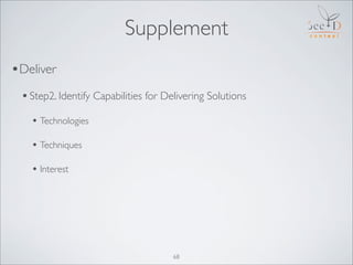Supplement
•Deliver
 • Step2. Identify Capabilities for Delivering Solutions
   • Technologies

   • Techniques

   • Interest




                                      68
 