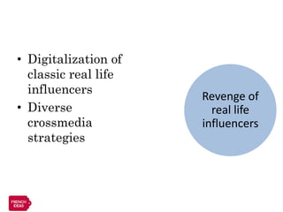 • Digitalization of
  classic real life
  influencers
                      Revenge of
• Diverse               real life
  crossmedia          influencers
  strategies
 