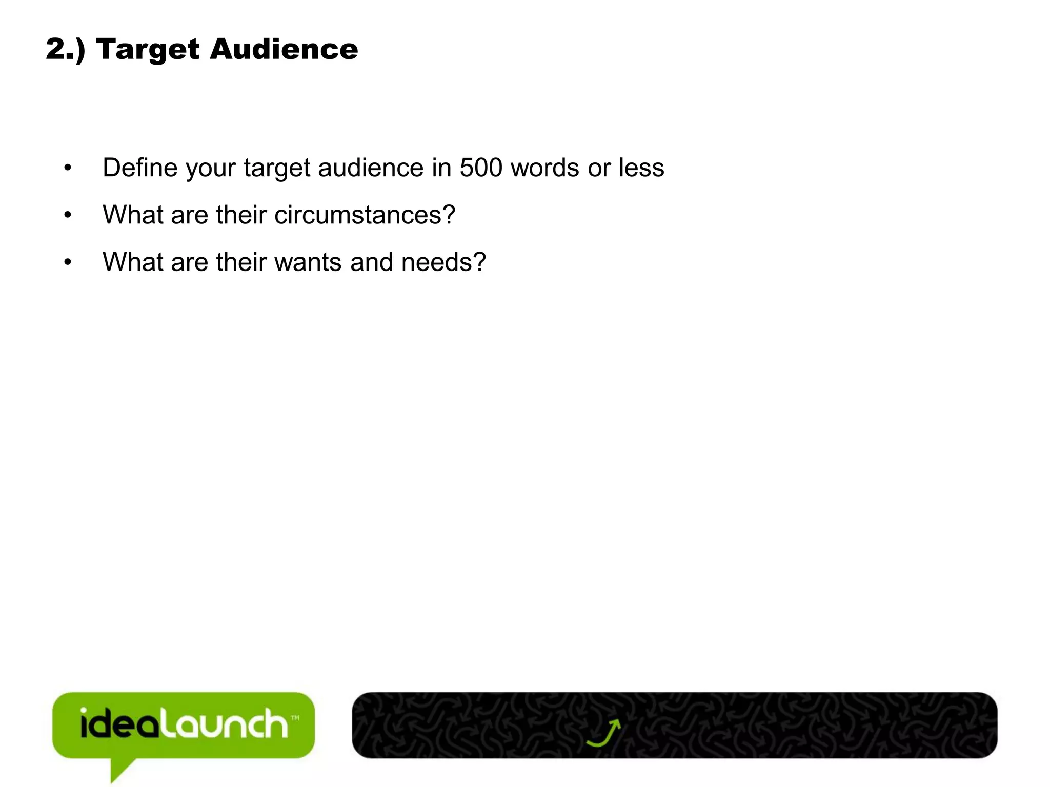 2.) Target Audience



 •   Define your target audience in 500 words or less
 •   What are their circumstances?
 •   What are their wants and needs?
 