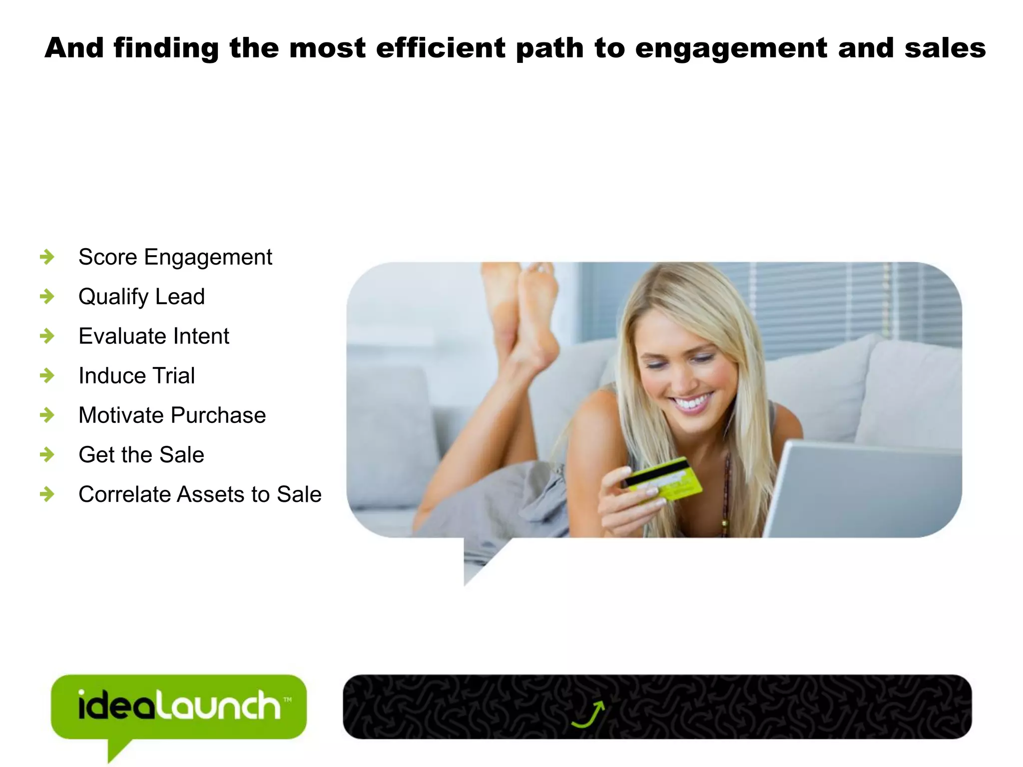 And finding the most efficient path to engagement and sales




  Score Engagement
  Qualify Lead
  Evaluate Intent
  Induce Trial
  Motivate Purchase
  Get the Sale
  Correlate Assets to Sale
 