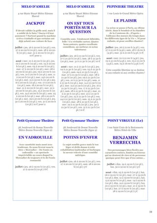 MELO D'AMELIE                                MELO D'AMELIE                             PEPINIERE THEATRE

   4 rue Marie Stuart Métro Etienne             4 rue Marie Stuart Métro Etienne             7 rue Louis-le-Grand Métro Opéra
                Marcel                                       Marcel

                                                                                                    LE PLAISIR
           JACKPOT                                ON EST TOUS
                                                 PORTÉS SUR LA                               La scène se passe à Paris, au 18ème
 Il devait valider la grille seul, mais il                                                  siècle, dans le boudoir et la chambre
  a oublié de le faire ! Osera-t-il leur           QUESTION                                     de la Comtesse de…D’après «
annoncer ? Surtout quand la machine                                                         Tableaux des mœurs du temps dans
  à rêve s'emballe et que certains ont       Comédie osée. Totalement débridée,            les différents âges de la Vie ». Ni pour
     déjà acheté une voiture de luxe          folle ! Un véritable carton. Quatre             enfants, ni pour oreilles chastes!!
                                               bons auteurs, quatre excellents
juillet : jeu. 26 à 20:00 h (10 pl.), ven.     comédiens, un metteur en scène              juillet : jeu. 26 à 21:00 h (4 pl.), ven.
 27 à 20:00 h (10 pl.), sam. 28 à 20:00                    talentueux                      27 à 21:00 h (4 pl.), sam. 28 à 16:00 h
  h (10 pl.), mar. 31 à 20:00 h (10 pl.)                                                    (4 pl.), mar. 31 à 21:00 h (4 pl.) 0 €
               10 € pour 2                   juillet : jeu. 26 à 21:30 h (10 pl.), ven.
                                             27 à 21:30 h (10 pl.), sam. 28 à 21:30 h       aout : mer. 01 à 21:00 h (4 pl.), jeu.
 aout : mer. 01 à 20:00 h (10 pl.), jeu.     (10 pl.), mar. 31 à 21:30 h (10 pl.) 10 €     02 à 21:00 h (4 pl.), ven. 03 à 21:00 h
 02 à 20:00 h (10 pl.), ven. 03 à 20:00                                                     (4 pl.), sam. 04 à 16:00 h (4 pl.) 0 €
 h (10 pl.), sam. 04 à 20:00 h (10 pl.),      aout : mer. 01 à 21:30 h (10 pl.), jeu.
  mar. 07 à 20:00 h (10 pl.), mer. 08 à      02 à 21:30 h (10 pl.), ven. 03 à 21:30 h      Cette comédie libertine ne se destine
 20:00 h (10 pl.), jeu. 09 à 20:00 h (10         (10 pl.), sam. 04 à 21:30 h (10 pl.),     ni aux enfants ni aux oreilles chastes !
 pl.), ven. 10 à 20:00 h (10 pl.), sam. 11     mar. 07 à 21:30 h (10 pl.), mer. 08 à
  à 20:00 h (10 pl.), mar. 14 à 20:00 h        21:30 h (10 pl.), jeu. 09 à 21:30 h (10
(10 pl.), mer. 15 à 20:00 h (10 pl.), jeu.    pl.), ven. 10 à 21:30 h (10 pl.), sam. 11
16 à 20:00 h (10 pl.), ven. 17 à 20:00 h     à 21:30 h (10 pl.), mar. 14 à 21:30 h (10
   (10 pl.), sam. 18 à 20:00 h (10 pl.),     pl.), mer. 15 à 21:30 h (10 pl.), jeu. 16 à
  mar. 21 à 20:00 h (10 pl.), mer. 22 à        21:30 h (10 pl.), ven. 17 à 21:30 h (10
 20:00 h (10 pl.), jeu. 23 à 20:00 h (10     pl.), sam. 18 à 21:30 h (10 pl.), mar. 21
pl.), ven. 24 à 20:00 h (10 pl.), sam. 25       à 21:30 h (10 pl.), mer. 22 à 21:30 h
 à 20:00 h (10 pl.), mar. 28 à 20:00 h        (10 pl.), jeu. 23 à 21:30 h (10 pl.), ven.
(10 pl.), mer. 29 à 20:00 h (10 pl.), jeu.   24 à 21:30 h (10 pl.), sam. 25 à 21:30 h
30 à 20:00 h (10 pl.), ven. 31 à 20:00 h         (10 pl.), mar. 28 à 21:30 h (10 pl.),
            (10 pl.) 10 € pour 2                mer. 29 à 21:30 h (10 pl.), jeu. 30 à
                                               21:30 h (10 pl.), ven. 31 à 21:30 h (10
                                                               pl.) 10 €



 Petit Gymnase Theâtre                        Petit Gymnase Theâtre                          POINT VIRGULE (Le)

   38, boulevard de Bonne Nouvelle              38, boulevard de Bonne Nouvelle              7 rue Saint Croix de la Bretonnerie
    Métro Bonne-Nouvelle (ligne 9)               Métro Bonne-Nouvelle (ligne 9)                     Métro Hôtel-de-Ville


   EN VADROUILLE                                POTINS D’ENFER                                   BENJAMIN
   Avec causticité mais aussi avec             Le sujet semble grave mais le ton
                                                                                                VERRECCHIA
 tendresse, ils nous livrent sous le              léger et drôle donne à cette
  titre « Mercadier – De Funès en            cohabitation inattendue et burlesque             Des personnages bien ficelés aux
      vadrouille » un spectacle                la saveur relevée d'une comédie             caractères entiers, limités ou foireux
  imprévisible au cours duquel la                           satirique.                     qui ne doutent de rien ni de personne
Mercadier de toujours et le de Funès                                                        quoique peut être que d’eux même…
             ressuscité                      juillet : jeu. 26 à 20:00 h (10 pl.), ven.
                                              27 à 20:00 h (10 pl.), sam. 28 à 20:00         juillet : dim. 29 à 19:00 h (10 pl.),
juillet : jeu. 26 à 19:00 h (10 pl.), ven.                  h (10 pl.) 5 €                      lun. 30 à 19:00 h (10 pl.) 5 €
        27 à 19:00 h (10 pl.) 8 €
                                                                                            aout : dim. 05 à 19:00 h (10 pl.), lun.
                                                                                           06 à 19:00 h (10 pl.), mar. 07 à 19:00 h
                                                                                           (10 pl.), dim. 12 à 19:00 h (10 pl.), lun.
                                                                                           13 à 19:00 h (10 pl.), mar. 14 à 19:00 h
                                                                                           (10 pl.), dim. 19 à 19:00 h (10 pl.), lun.
                                                                                           20 à 19:00 h (10 pl.), mar. 21 à 19:00 h
                                                                                           (10 pl.), lun. 27 à 19:00 h (10 pl.), mar.
                                                                                                   28 à 19:00 h (10 pl.) 5 €




                                                                                                                                        10
 