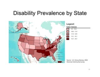 Disability Prevalence by State
19
Source:  U.S. Census Bureau, 2010 
American Community Survey
 