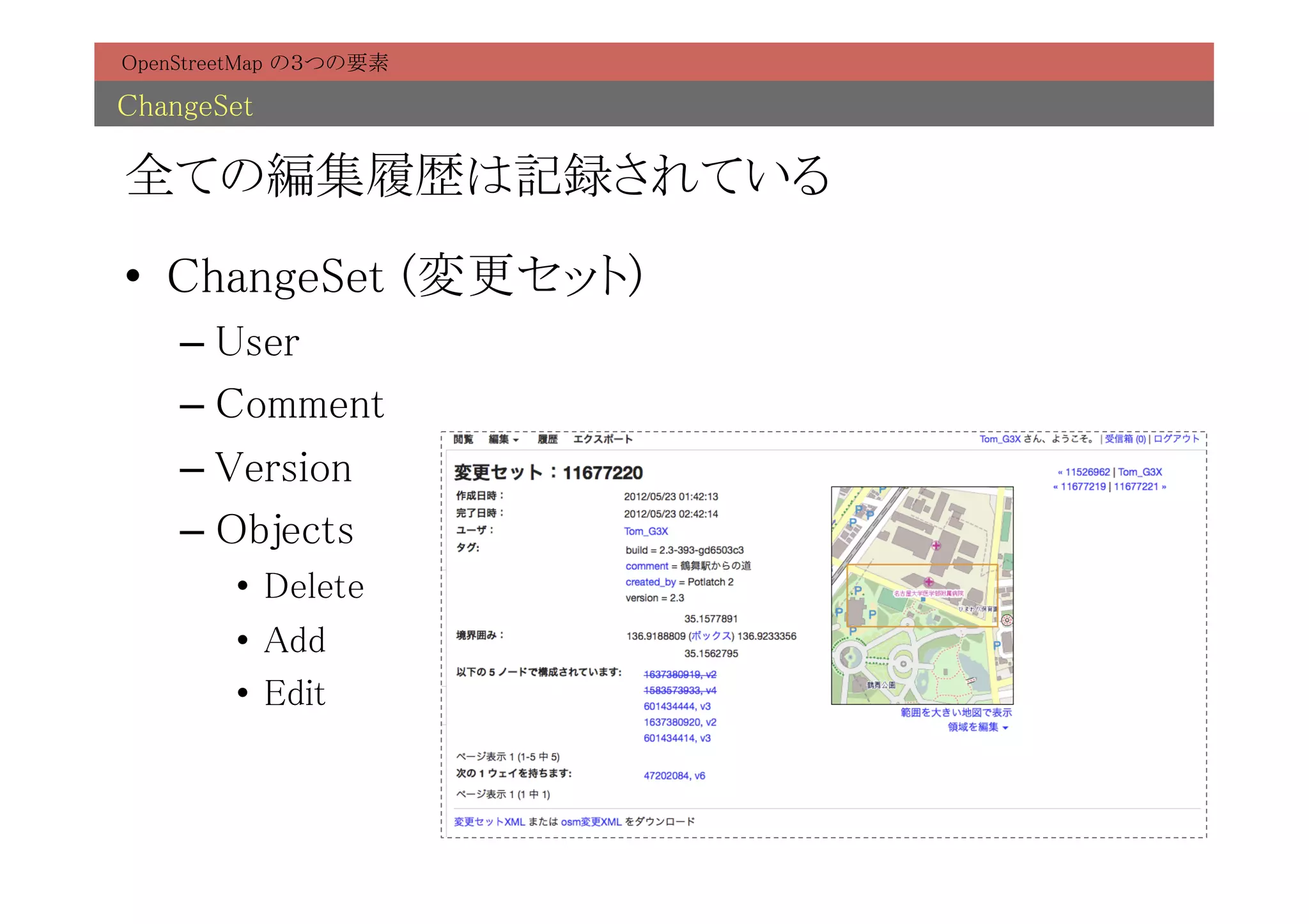 OpenStreetMap の３つの要素	

ChangeSet	

全ての編集履歴は記録されている	

•  ChangeSet (変更セット)	
    –  User	
    –  Comment	
    –  Version	
    –  Objects	
         •  Delete	
         •  Add	
         •  Edit	
 