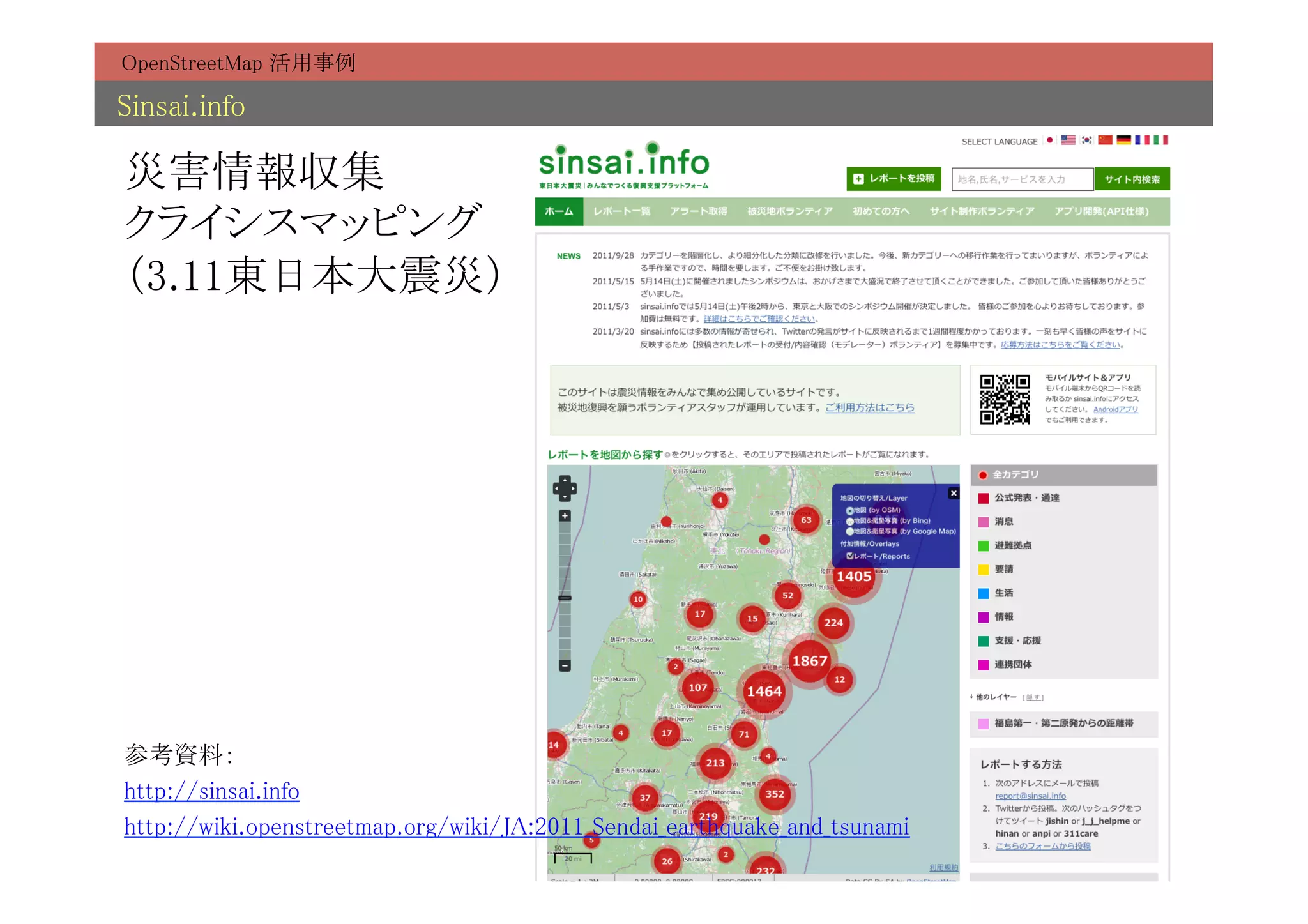 OpenStreetMap 活用事例	

Sinsai.info 	

災害情報収集 
クライシスマッピング 
（3.11東日本大震災）	




参考資料：	
http://sinsai.info	
http://wiki.openstreetmap.org/wiki/JA:2011_Sendai_earthquake_and_tsunami	
 