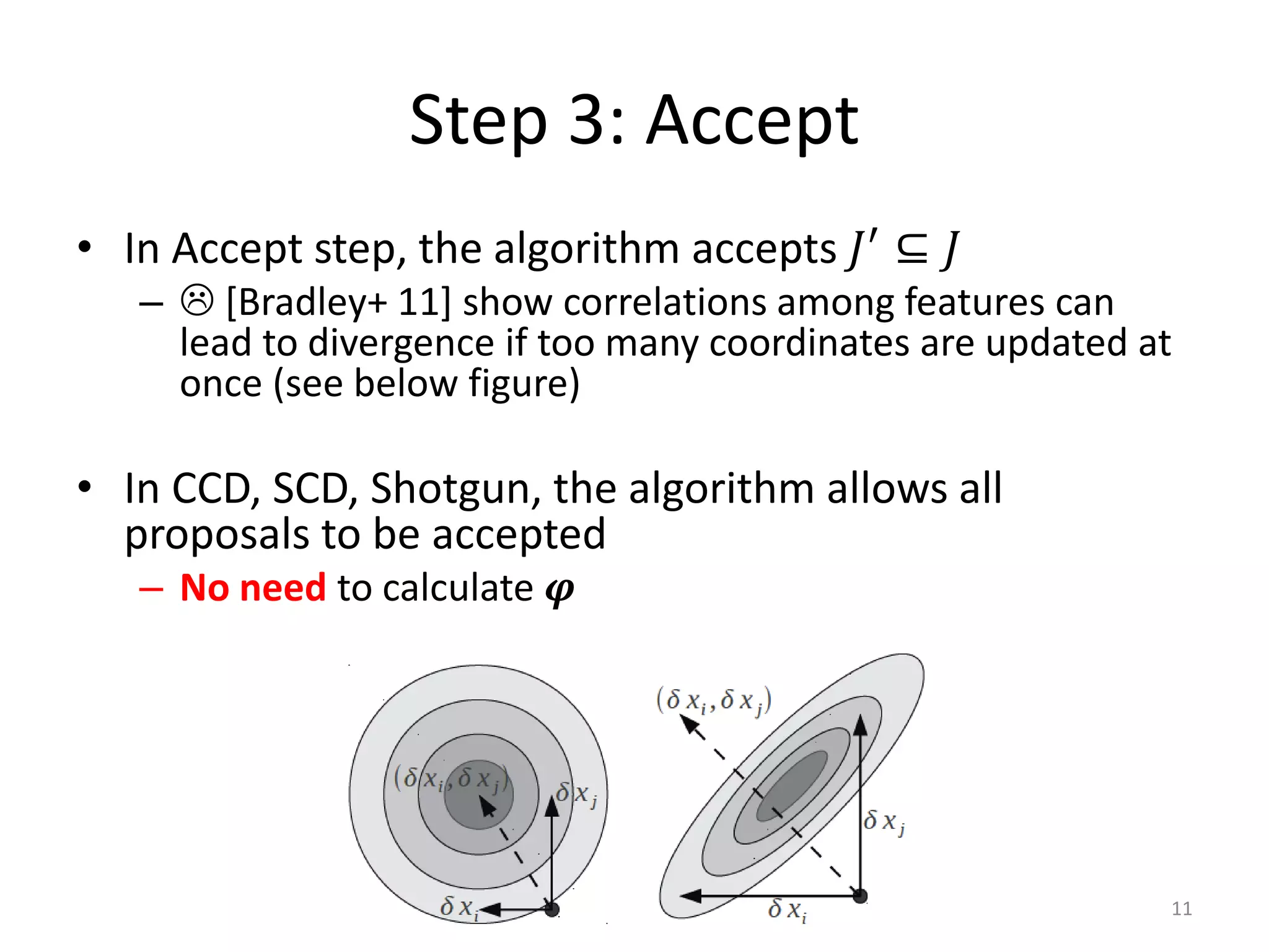 Step 3: Accept
• In Accept step, the algorithm accepts 𝐽′ ⊆ 𝐽
   –  [Bradley+ 11] show correlations among features can
     lead to divergence if too many coordinates are updated at
     once (see below figure)

• In CCD, SCD, Shotgun, the algorithm allows all
  proposals to be accepted
   – No need to calculate 𝝋




                                                             11
 