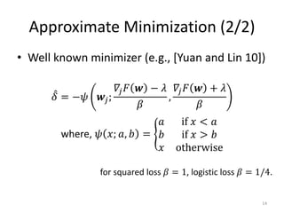 Approximate Minimization (2/2)
• Well known minimizer (e.g., [Yuan and Lin 10])

                    𝛻𝑗 𝐹 𝒘 − 𝜆 𝛻𝑗 𝐹 𝒘 + 𝜆
       𝛿 = −𝜓   𝒘𝑗;           ,
                         𝛽          𝛽
                           𝑎         if 𝑥 < 𝑎
        where, 𝜓 𝑥; 𝑎, 𝑏 = 𝑏         if 𝑥 > 𝑏
                           𝑥        otherwise

                for squared loss 𝛽 = 1, logistic loss 𝛽 = 1/4.


                                                           14
 