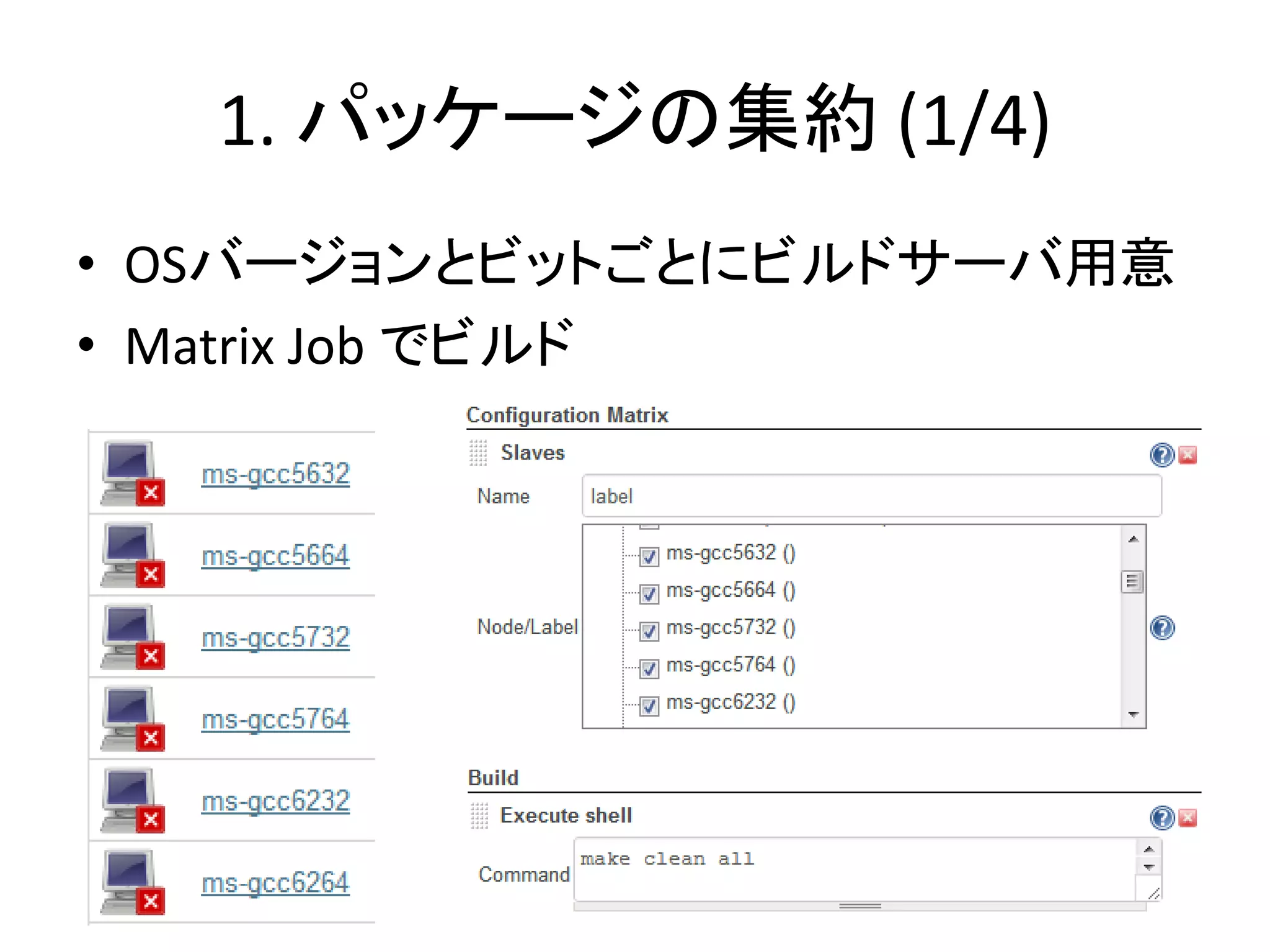 1. パッケージの集約 (1/4)
• OSバージョンとビットごとにビルドサーバ用意
• Matrix Job でビルド
 