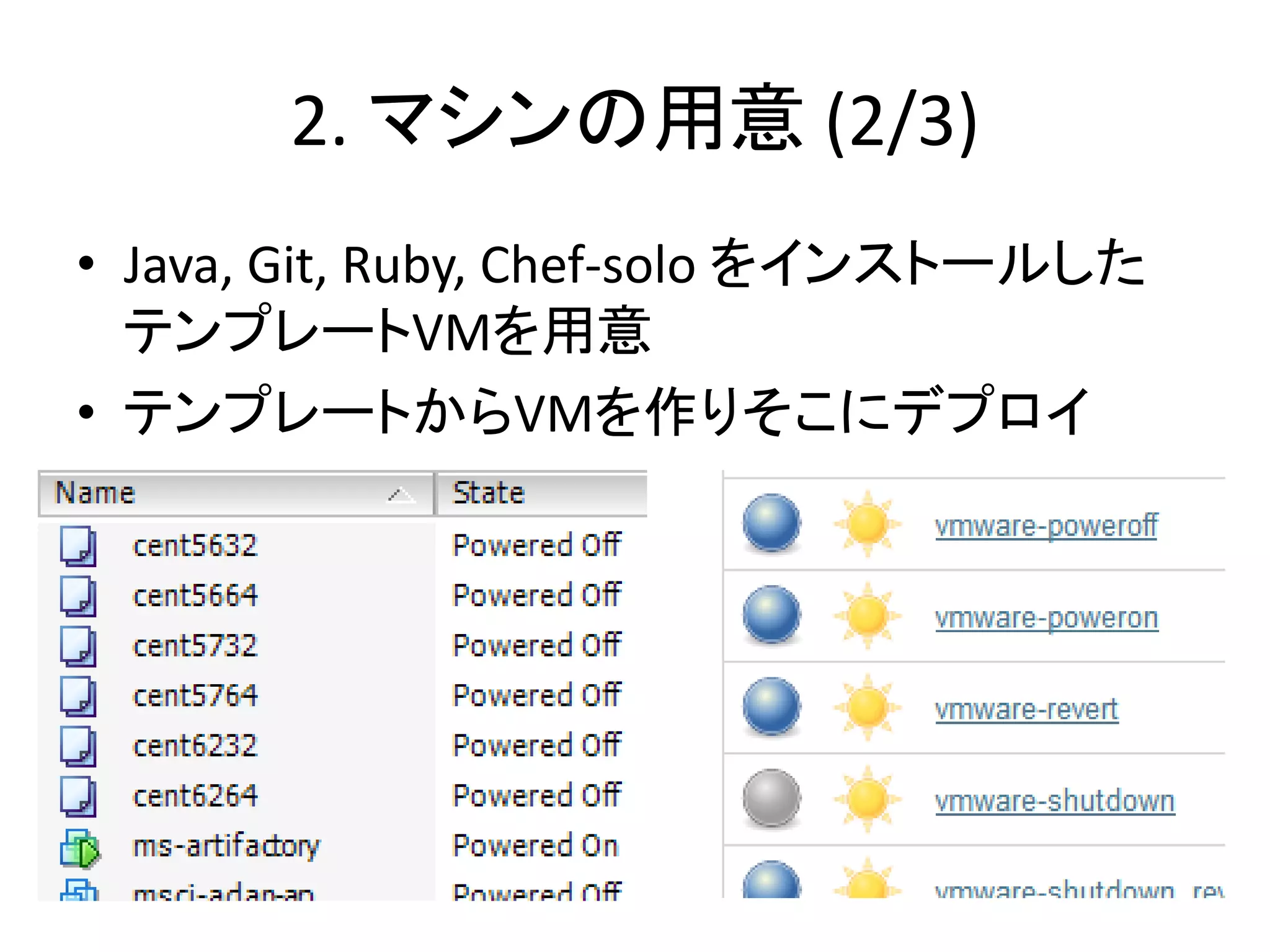 2. マシンの用意 (2/3)
• Java, Git, Ruby, Chef-solo をインストールした
  テンプレートVMを用意
• テンプレートからVMを作りそこにデプロイ
 