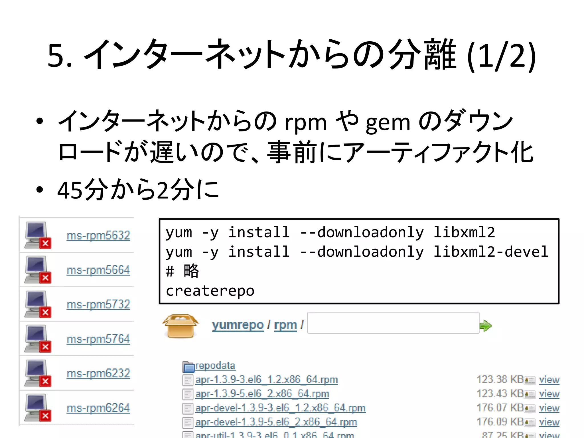 5. インターネットからの分離 (1/2)
• インターネットからの rpm や gem のダウン
  ロードが遅いので、事前にアーティファクト化
• 45分から2分に
       yum -y install --downloadonly libxml2
       yum -y install --downloadonly libxml2-devel
       # 略
       createrepo
 