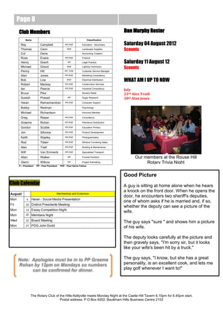 Page 8
    Club Members                                                                         Dan Murphy Roster
         Name                                                        Classification

     Ray               Campbell               PP,PHF          Education - Secondary      Saturday 04 August 2012
     Thomas            Cann                     PHF           Landscape Supplies         Scounts
     Col               Davis                                  Accounting Taxation

     Russ              Evans                  PP,PHF          Finance
                                                                                            -
     Henry             Grech                    PP            Legal Practice             Saturday 11 August 12
     Michael           Griscti                  PHF           Lighting Technician
                                                                                         Scounts
     Penny             Hill                   PP, PHF         Customer Service Manager

     Alan              Jones                  PP,PHF          Marketing Consultancy

     Bob               Low                      PHF           Electrical Distribution    WHAT AM I UP TO NOW
     Robert            Mackey                 PP,PHF          Construction Services

     Ian               Pearce                 PP,PHF          Industrial Consultancy
                                                                                         July
     Bruce             Pike                                   Nursery Retail
                                                                                         23rd Alex Traill
     Suresh            Prasad                   PP            Sugar Research             30th Alan Jones
     Haran             Ramachandran           PP,PHF          Computer Support

     Bobby             Redman                                 Psychology

     Michael           Richardson                             Honorary Member

     Greg              Rieper                 PP,PHF          Consultancy

     Graeme            Rohan                  PP,PHF          Petroleum Distribution

     Gordon            Scoble                 PP,PHF          Education Primary

     Jim               Sifonios               PP,PHF          Product Development

     Keith             Stapley                PP,PHF          Photogrammetry

     Rod               Tilden                 PP,PHF          Window Furnishing Sales

     Alex              Traill                 PP,PHF          Building & Maintenance

     Wilf              Van Emmerik            PP,PHF          Specialised Transport

     Allan             Walker                   PP            Funeral Direction                 Our members at the Rouse Hill
     Glenn             Willcox                  PP            Project Estimating                     Rotary Trivia Night
    P – President   PP - Past President   PHF - Paul Harris Fellow



                                                                                         Good Picture
Club Calendar                                                                            A guy is sitting at home alone when he hears
                                                                                         a knock on the front door. When he opens the
                                                                                         door, he encounters two sheriff's deputies,
                                                                                         one of whom asks if he is married and, if so,
                                                                                         whether the deputy can see a picture of the
                                                                                         wife.

                                                                                         The guy says "sure " and shows him a picture
                                                                                         of his wife.

                                                                                         The deputy looks carefully at the picture and
                                                                                         then gravely says, "I'm sorry sir, but it looks
                                                                                         like your wife's been hit by a truck."

   Note: Apologies must be in to PP Graeme                                               The guy says, "I know, but she has a great
   Rohan by 12pm on Mondays so numbers                                                   personality, is an excellent cook, and lets me
         can be confirmed for dinner.                                                    play golf whenever I want to!"




              The Rotary Club of the Hills-Kellyville meets Monday Night at the Castle Hill Tavern 6.15pm for 6.45pm start.
                                 Postal address: P O Box 6502, Baulkham Hills Business Centre 2153
 