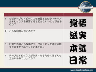 1   なぜテーブルトピックスを練習するのか？テーブ
    ルトピックスを練習するとどんないいことがある
    のか？                      覚悟  
2   どんな回答が良いのか？

                             誠実  
3   日常生活のどんな場でテーブルトピックスが応用
    できますか？応用していますか？
                             本気  
4   テーブルトピックスがうまくなるためにはどんな
    方法があるでしょうか？
                             日常  
 
