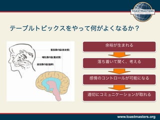 テーブルトピックスをやって何がよくなるか？

                余裕が生まれる



              落ち着いて聞く、考える



            感情のコントロールが可能になる



            適切にコミュニケーションが取れる
 